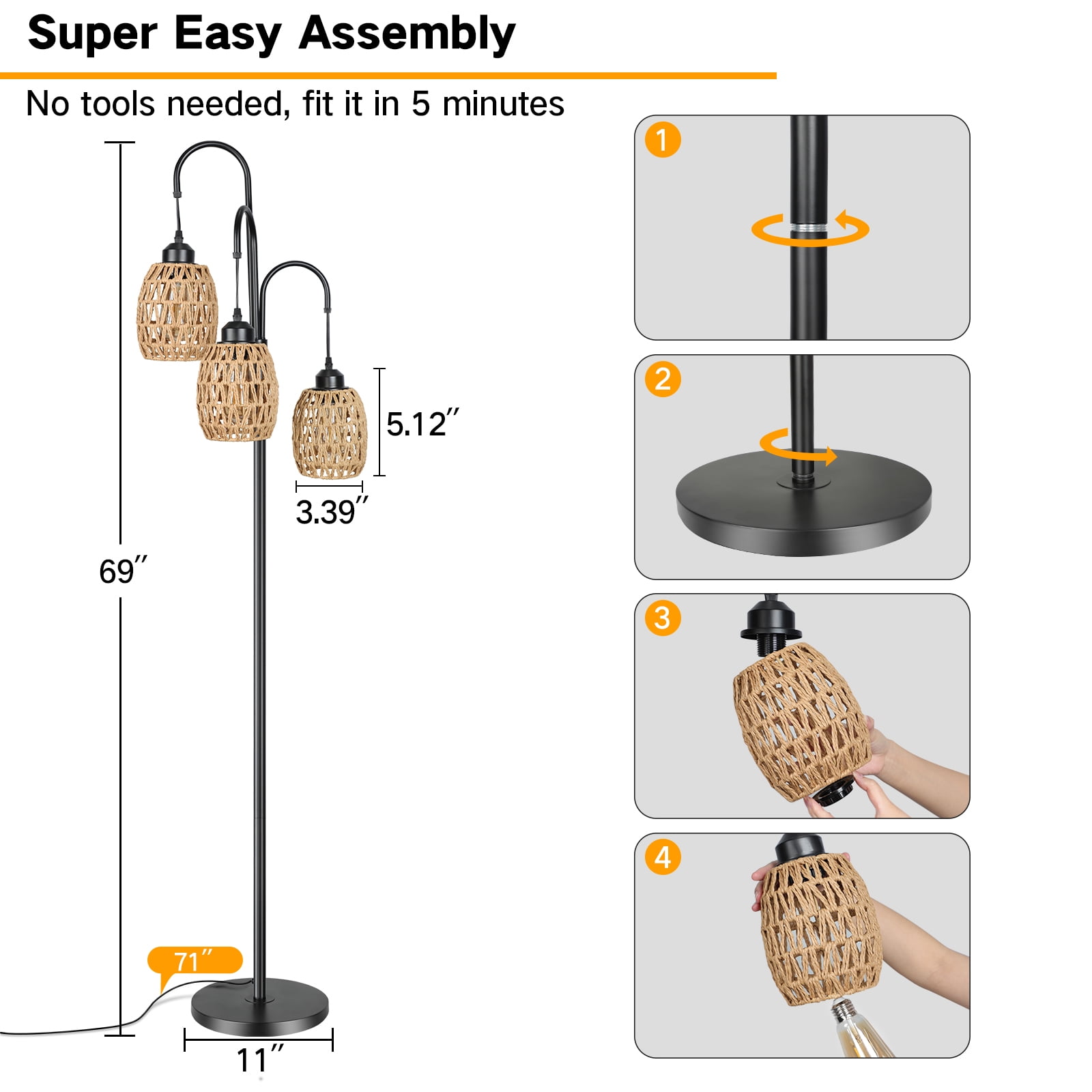 OUTON 69'' Tree Floor Lamp for Living Room Clearance, 3 Light Dimmable Tall Standing Lamp with Rattan Lampshade, Farmhouse Floor Lamp with 3 LED Bulbs for Bedroom Office, Boho