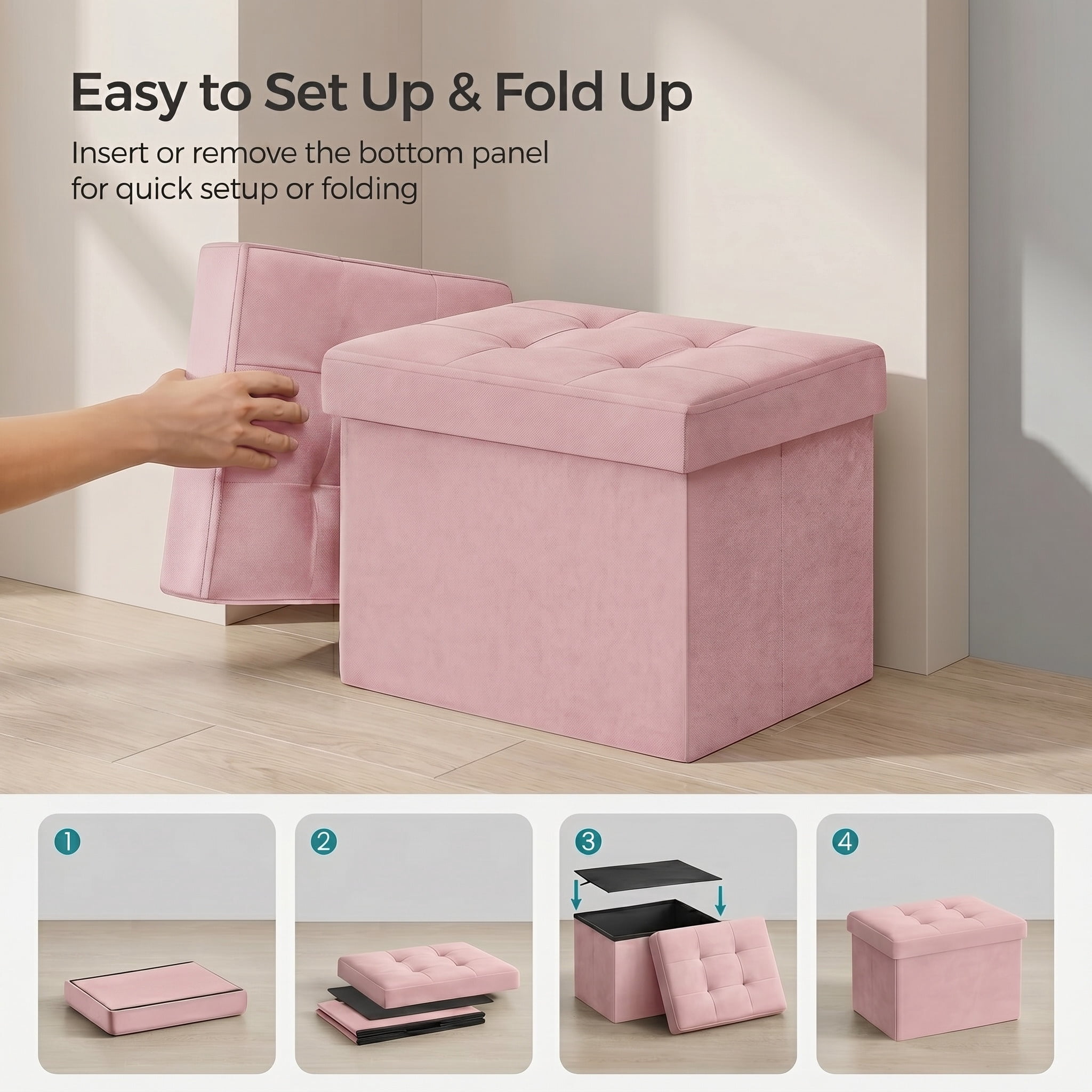 Nordic HyggeFolding Storage Ottoman Footrest, Jelly Pink