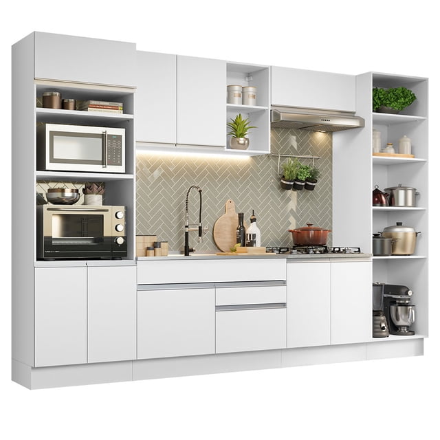 cocina integral completa madesa glamy 330cm blanco modular de 330 cm con acabado blanco en pintura poliéster 7 capas; vista frontal centrada que muestra torre de 70 cm, antenas de 80 y 40 cm, mostradores de 120/80/60 cm, tiradores de aluminio, cajones con guías telescópicas de apertura total, puertas con cierre suave y pistón de gas, zócalo extraíble y patas regulables de PVC; encimera no incluida; adecuada para organización modular en cocinas compactas.