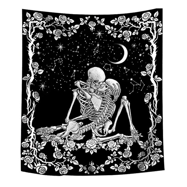 Tapiz de calaveras de amantes besándose para colgar en la pared en blanco y negro, decoración romántica para el hogar