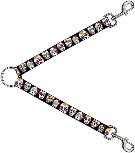 Dog Leash Splitter Sugar Skull Outline Black Multi Color 1 Foot Long 1 Inch Wide