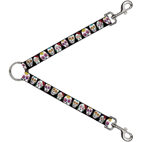 Dog Leash Splitter Sugar Skull Outline Black Multi Color 1 Foot Long 1 Inch Wide