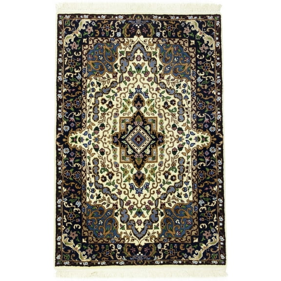 Cream & Navy Floral 3X4 Kirman Oriental Rug
