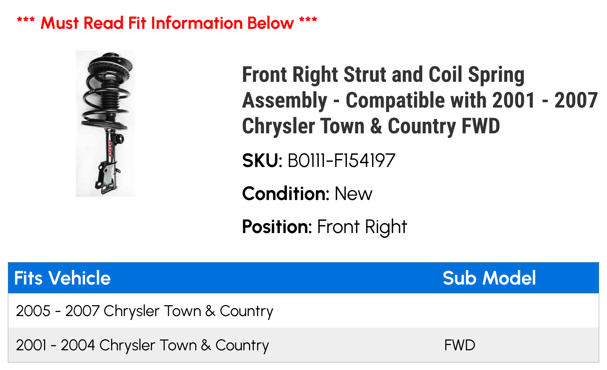 Front Right Strut and Coil Spring Assembly - Compatible with 2001 - 2007 Chrysler Town & Country FWD 2002 2003 2004 2005 2006
