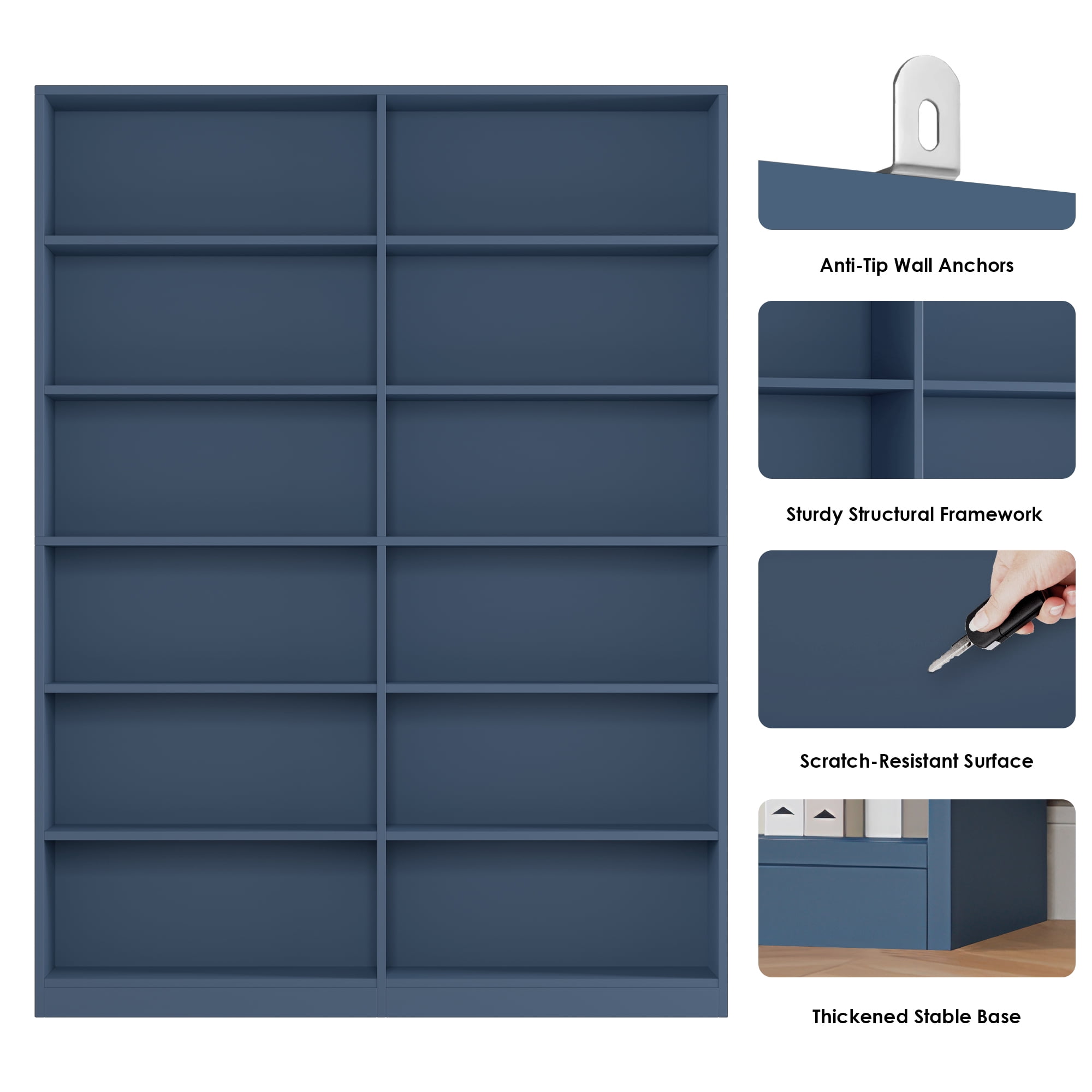 Homfa 74.3” Double Wide 6-Tier Bookcase, Extra Large Wooden Freestanding Display Bookshelf for Home Office Living Room, Blue