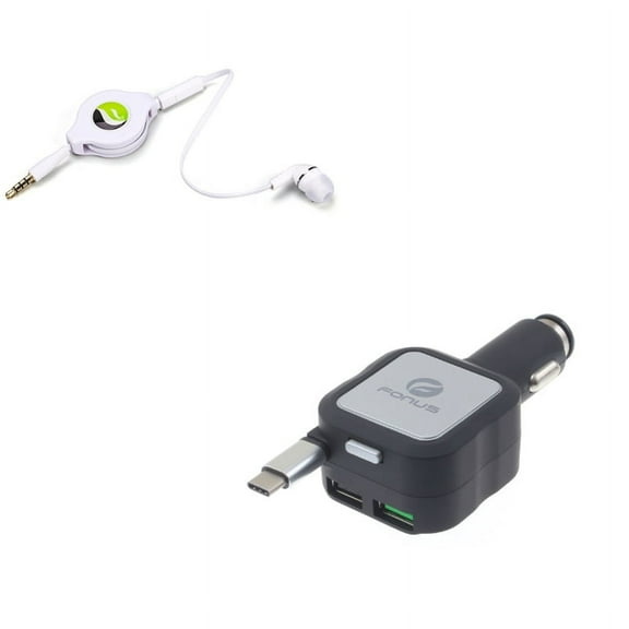 Retractable Car Charger w Headphone Retractable Mono Earphone X1K for OnePlus 5T, 6 - RED Hydrogen One - Samsung Galaxy Tab S3 9.7 S9 Plus, S8  S8, S10e S10 Plus active 5G Note 9 8 A9