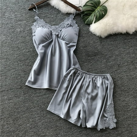 

Miayilima Womens Two Pieces Lace Flower Satin Lingerie Top And Shorts Sleepwear Pajama Set
