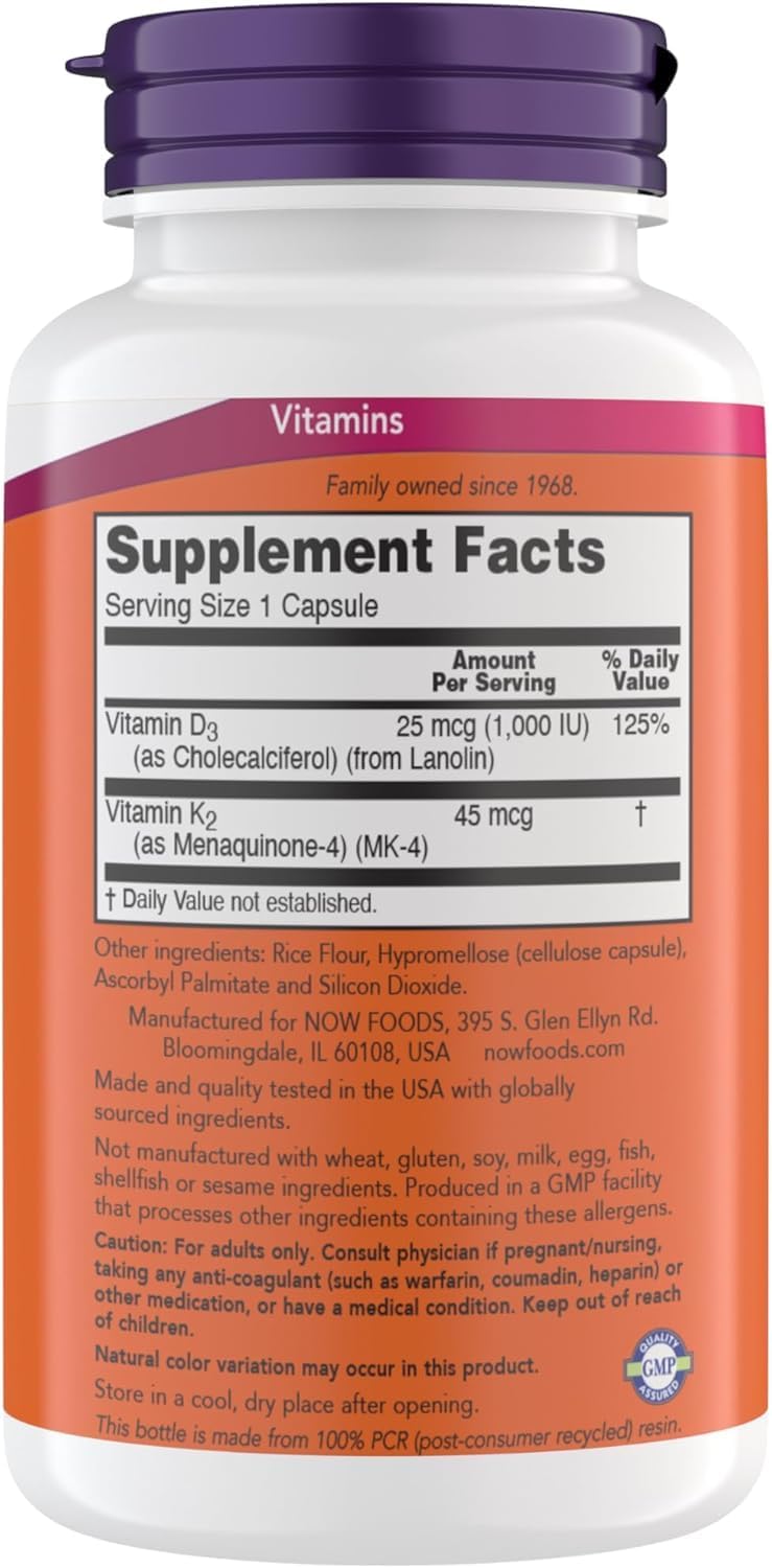 Now Supplements Vitamin D3 K2, 1,000 IU/45 mcg, Cardiovascular Support, Supports Bone Health, 180 Capsules - Gluten Free, Kosher Vitamin D3 and K2 Supplements (Pack of 2)