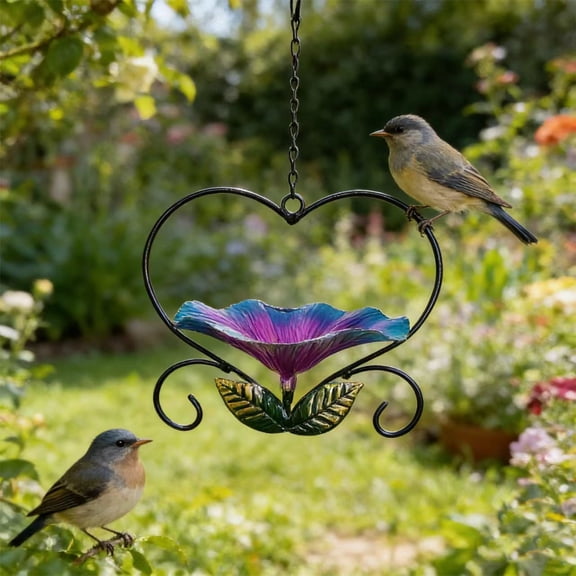 DAMAI Iron Heart Shape Flower Hanging Bird Feeder, Flower Glass Bird Water Bowl with Hanging Heart, Bird Feeders for Outside, Garden, Lawn Yard Decor
