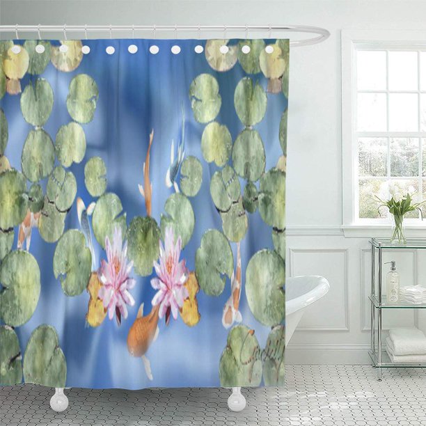 Cynlon Blue Fish Cyanicity Koi Pond Pink Water Lily Lotus Bathroom Decor Bath Shower Curtain 60x72 Inch Walmart Com Walmart Com