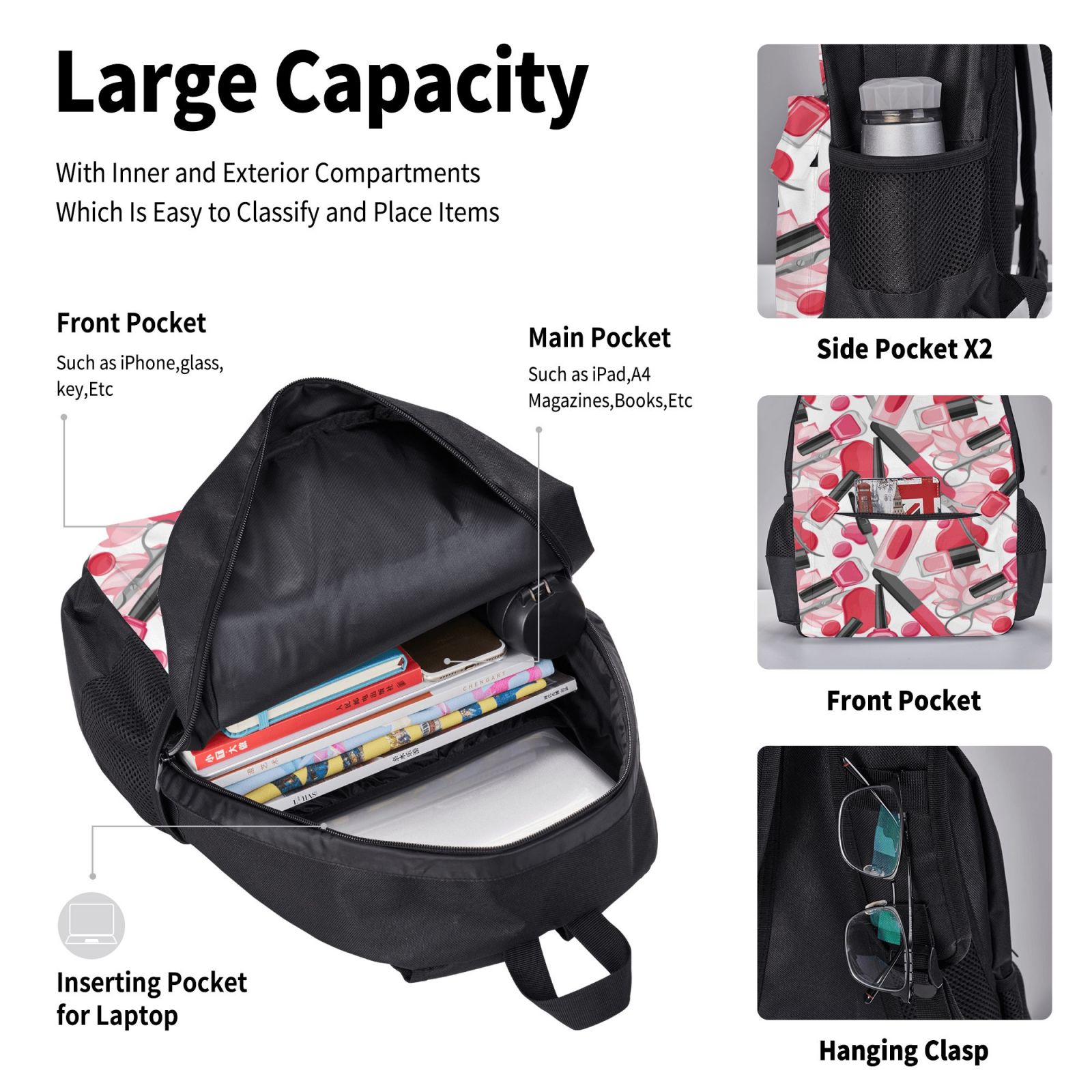 Naloa Makeup Print Large Capacity Backpack Lunch Bag Pencil Case Combination 3 Piece Set for Student