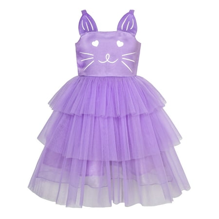 Girls Dress Cat Face Purple Tower Ruffle Dancing Party 10 Years