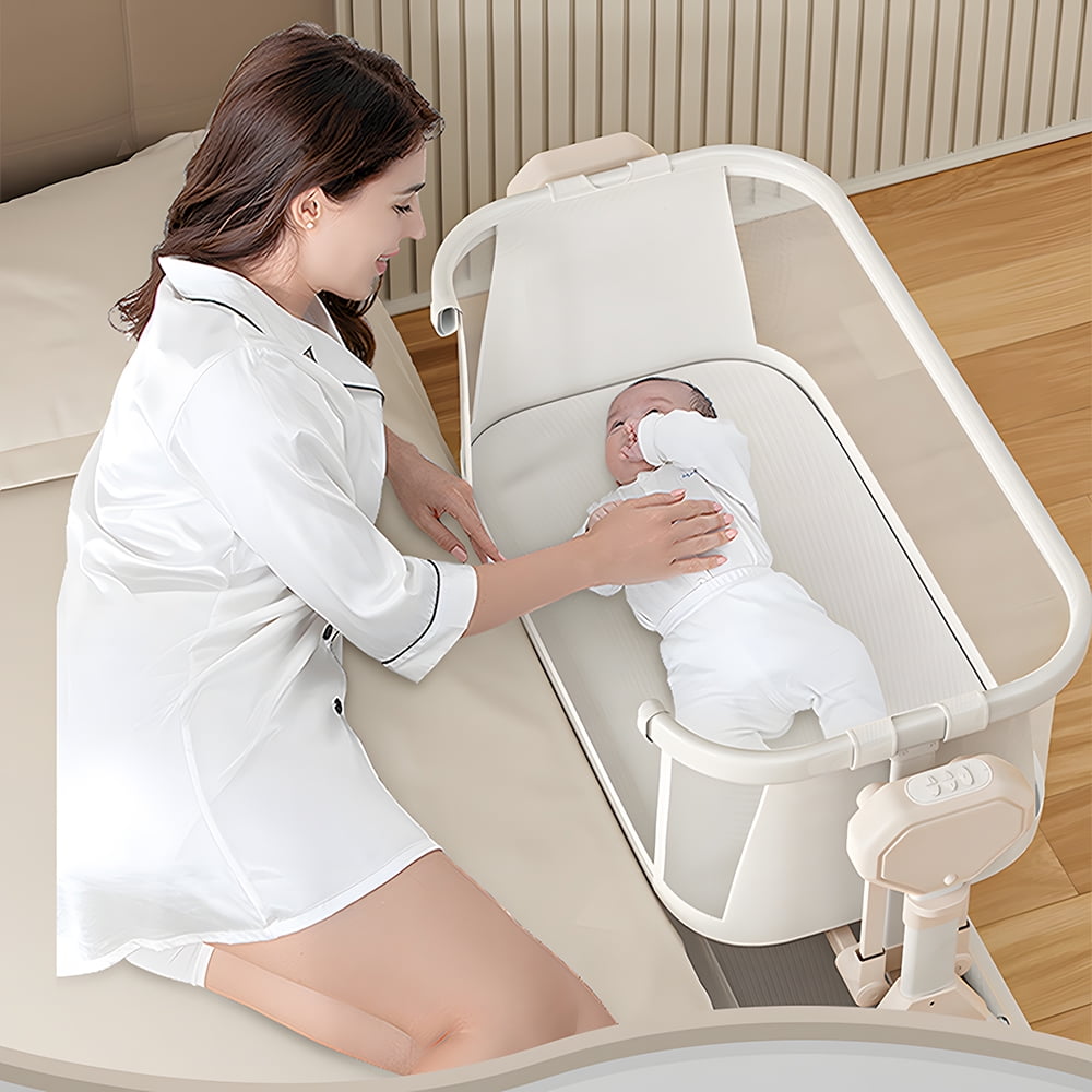 SteAnny Bassinet,Electric Rocking Bassinet,Bedside Co-Sleeper,Unisex Baby Travel Bed with Wheels(Khaki)