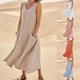 thumbnail image 5 of Qucoqpe - Vestido de verano de lino y algodón para mujer, informal, liso, con cuello en U, sin mangas, con dobladillo con volantes, holgado, largo y playero con dos bolsillos, 5 of 5