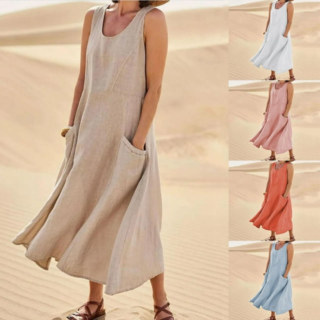 Yuyuzo Womens Dresses Summer Cotton Linen Sleeveless Elegant Flowy Dresses Plus Size Loose Comfy Dress with Pockets