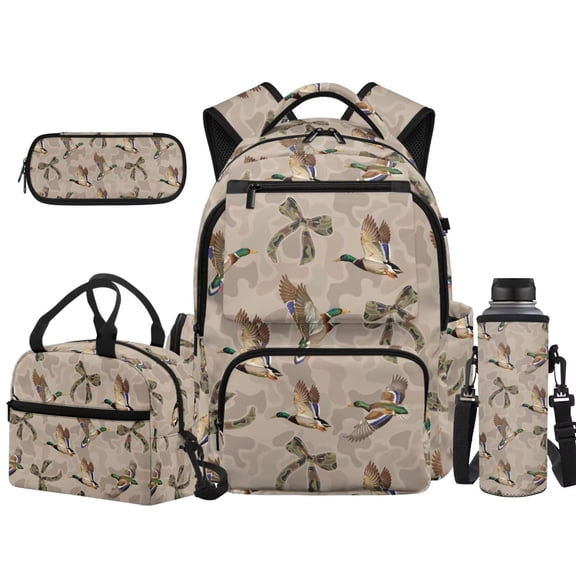 Yuyamidu Duck Camo Bow 4Pcs School Backpack Set, 17 Inch Large Capacity Bookbag with Lunch Box Pencil Case Water Bottle Sleeve for Teens Boys Girls Outdoor Travel
