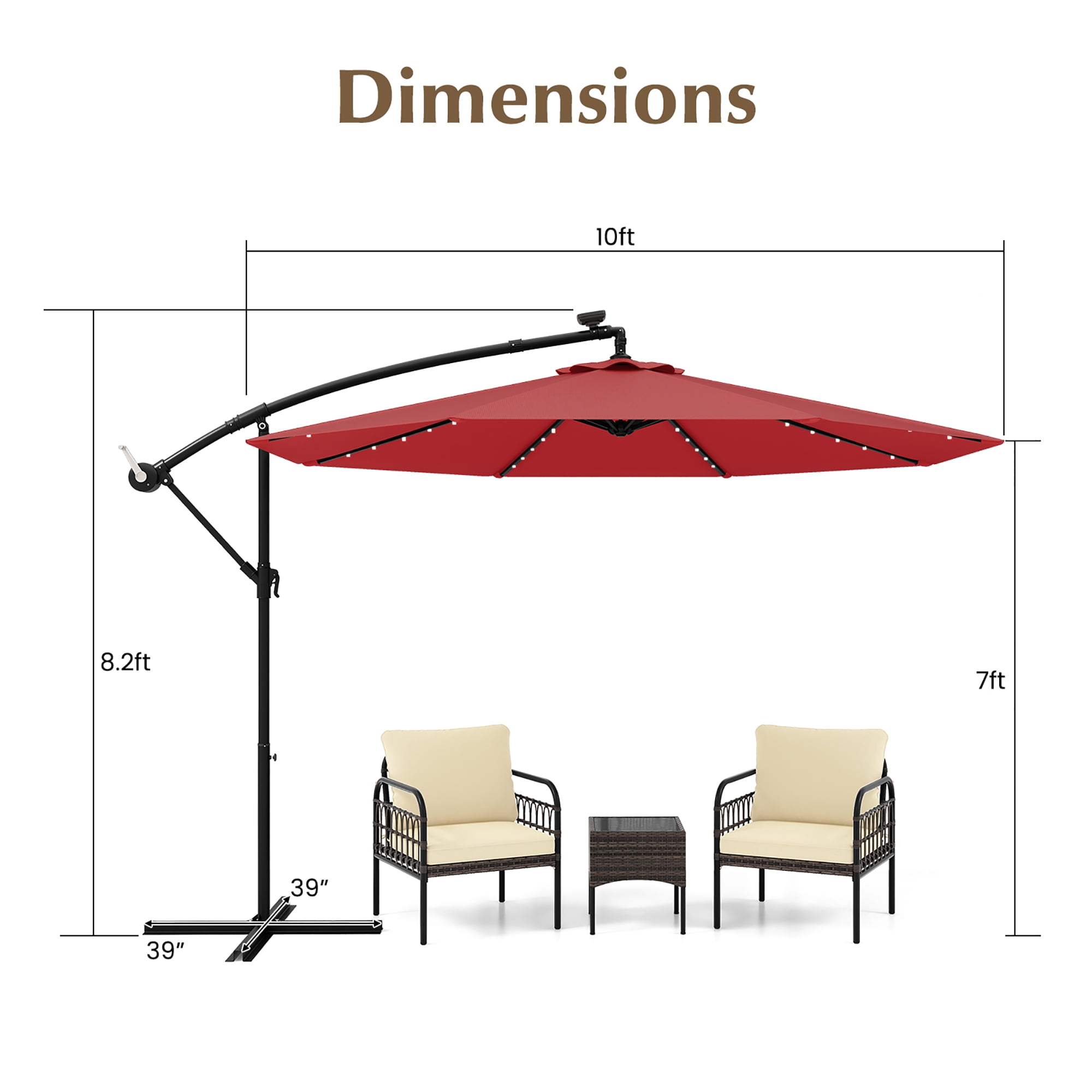 Gymax 10ft Solar Patio Umbrella Outdoor Offset Hanging Umbrella w/ 40 LED Lights Red