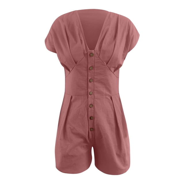 Mameluco Con Cuello En V Para Mujer, Mameluco Corto Con Cuello En V Elegante Botón Frontal Poliéster Suave Para Ir De Compras ANGGREK Otros