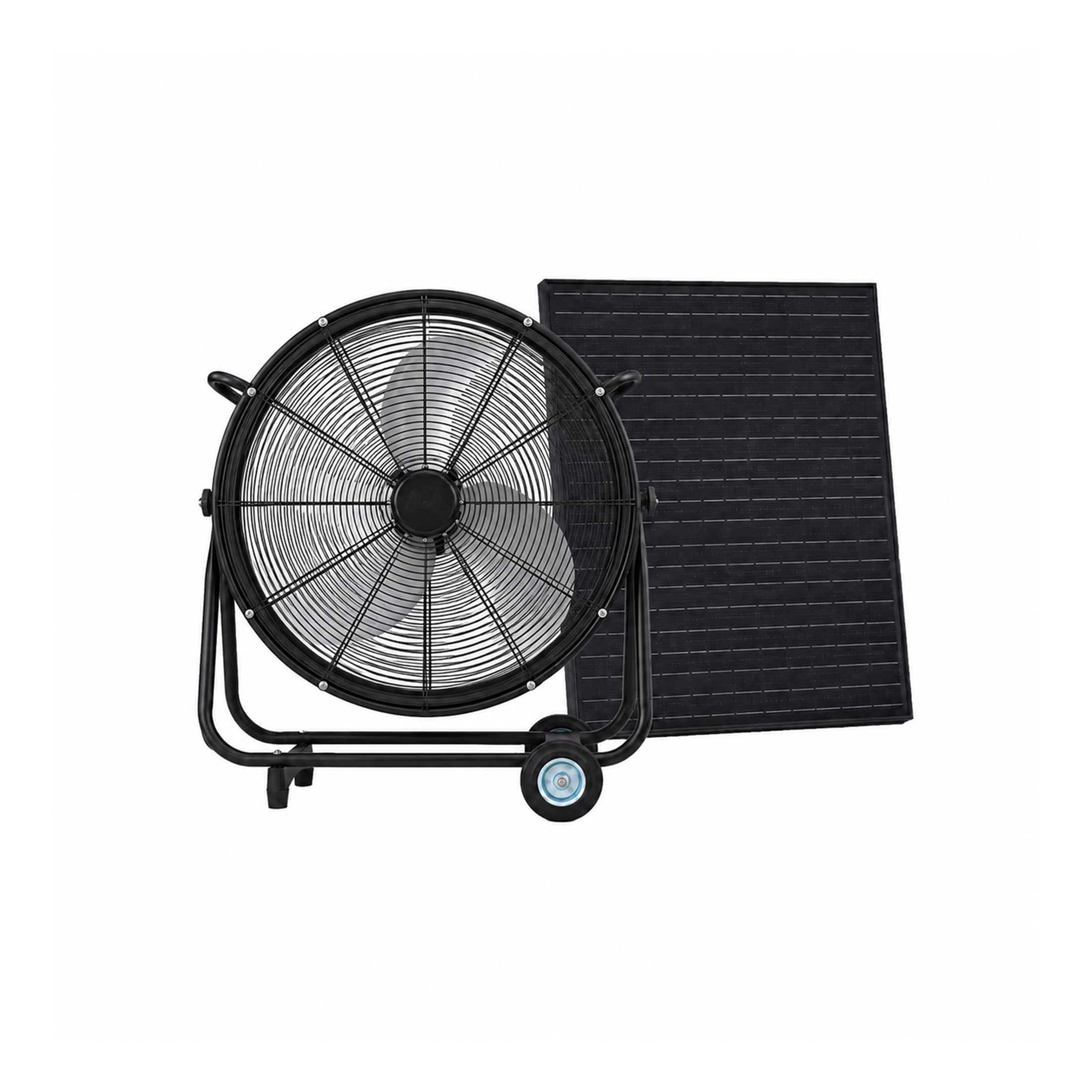 Noble House 24" Solar Floor-Standing Drum Fan, 140W Adjustable Panel Mobile Vent Fan with Casters, Black