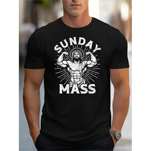 [Sunday Mass Cotton Tee] Comfortable Cotton SUNDAY MASS Printed T-Shirt - Men's Casual Round Neck Short Sleeved Fashionable Vintage Tops for Daily Wear