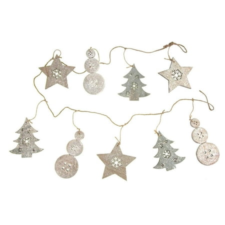 Wooden Christmas Snowman Tree and Star Garland with Glitter, Green/Natural,