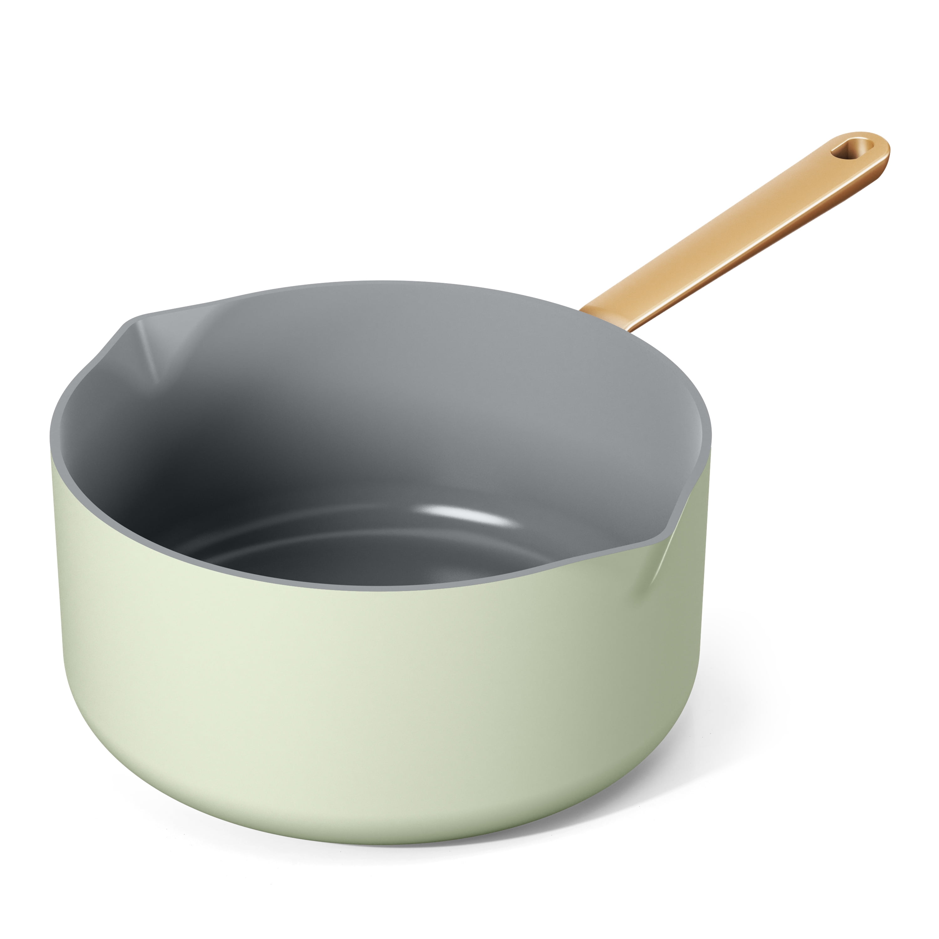 Beautiful 3 Quart Ceramic Non-Stick Covered Sauce Pan with Strainer Lid, Sage Green by Drew Barrymore