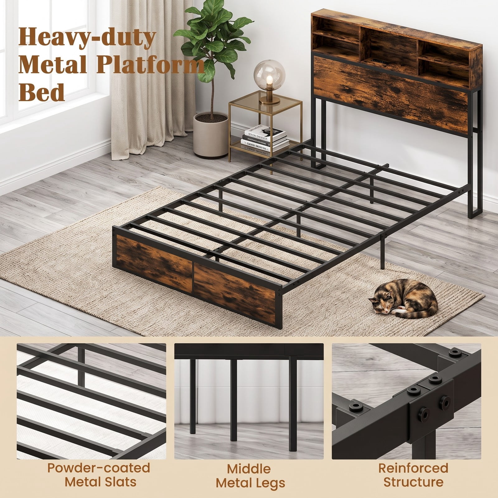 Furnibear Queen Bed Frame Industrial Metal Platform Bed with Storage Headboard and Charging Station and USB Ports, Rustic Brown