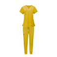 thumbnail image 2 of Conjunto de uniformes exfoliantes, ropa de trabajo, pantalones superiores de enfermera, trajes de trabajo de enfermería de manga corta, para peluquero , amarillo l Yinane Uniforme de enfermera, 2 of 8