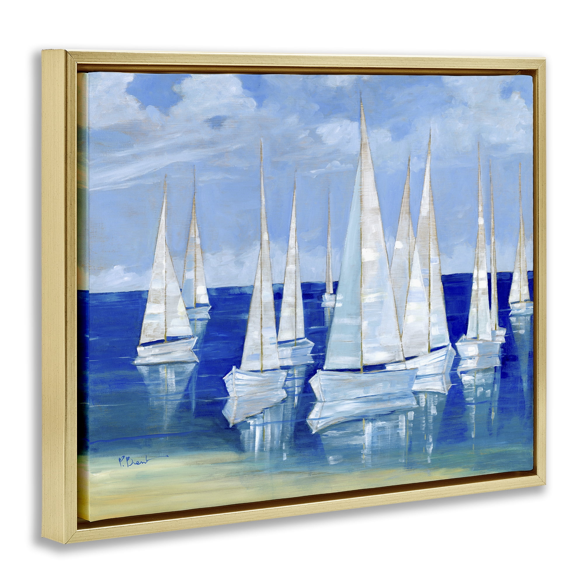 Stupell Industries Blanco Beach Sailboats Gold Framed Floater Canvas Wall Art, design by Paul Brent