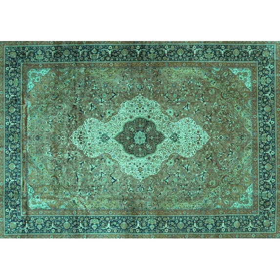 Ahgly Company Machine Washable Indoor Rectangle Medallion Turquoise Blue Traditional Area Rugs, 8' x 10'