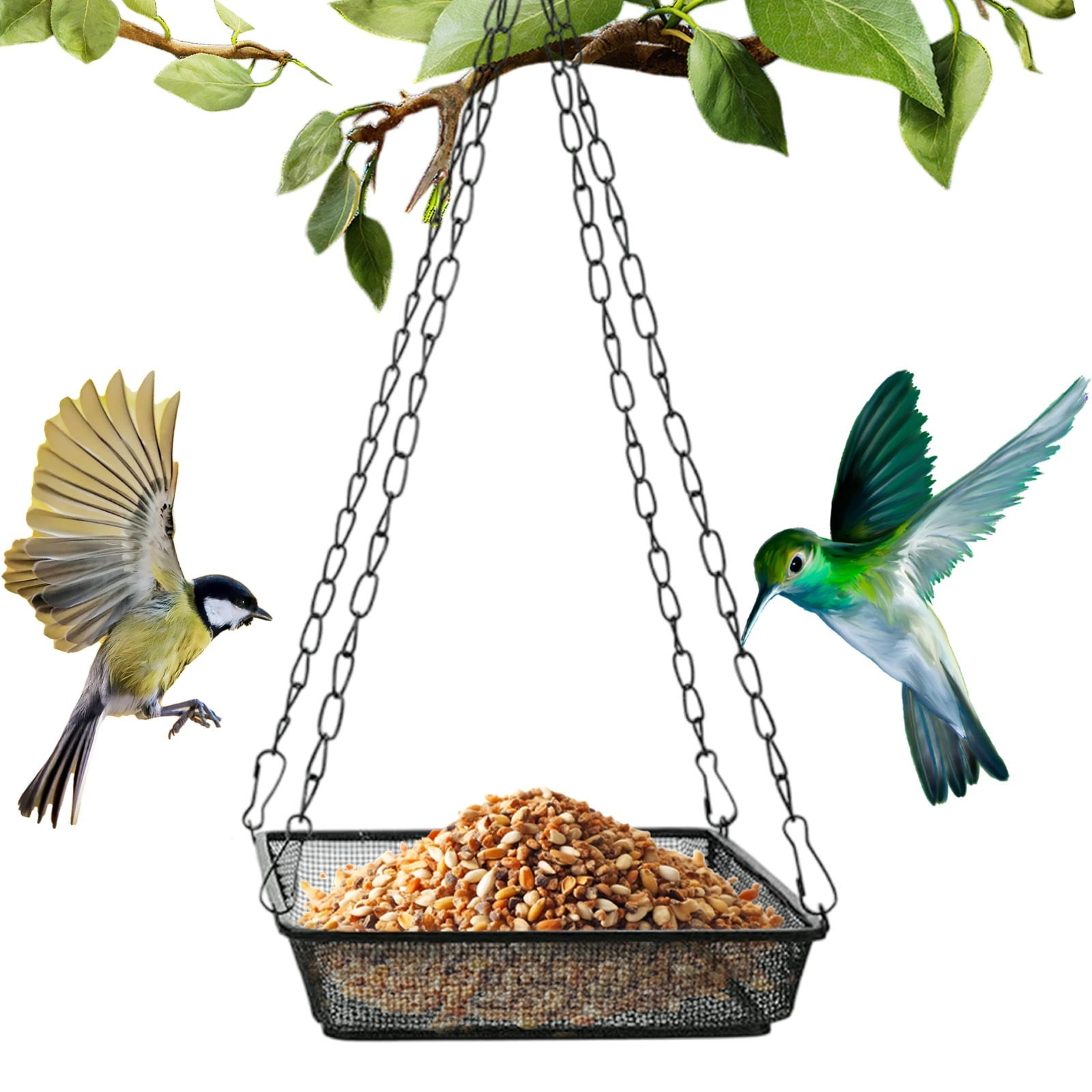 Djiypn Hanging Bird Feeder Tray, Metal Mesh Platform Seed Feeder with Durable Chains for Outdoors Outside Great for Attracting Wild Birds, 1 Pack
