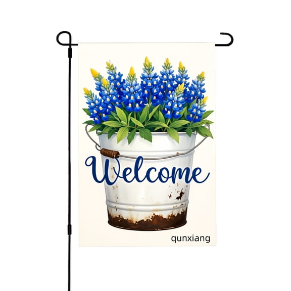 Amhnf Welcome Blue Flowers In Bucket Garden Flag For Home Outdoor Garden Yard Decor 12x18 inch