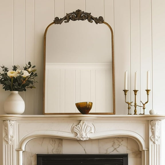 USHOWER Gold Anthropologie Vintage Mirrors for Wall, 24" x 36" Antique Baroque Style with Ornate Frame, Arched Brass Decoration for Fireplace, Bathroom, Living Room, Entryway Remodel