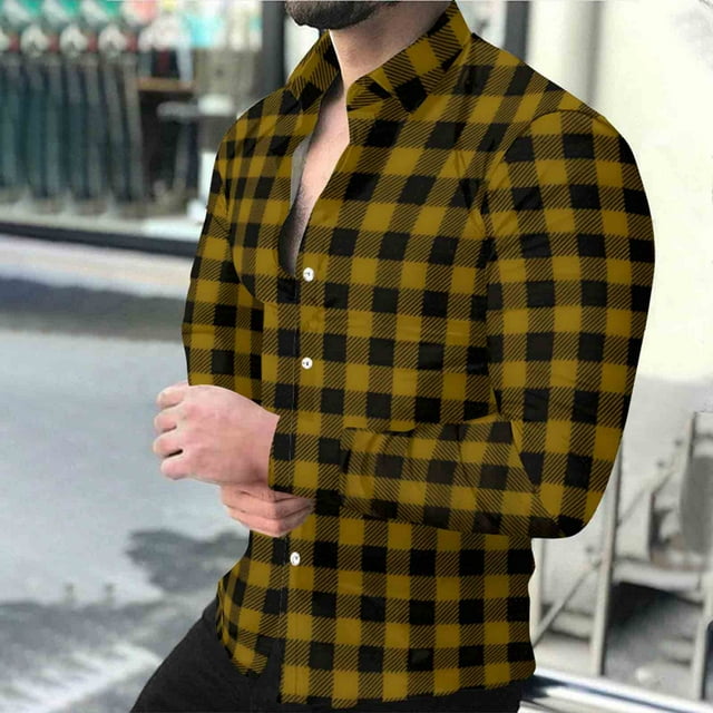 Timdgard Button down Shirts for Men Fall Plaid Lapel V Neck Long Sleeve Shirts Work Casual Tops