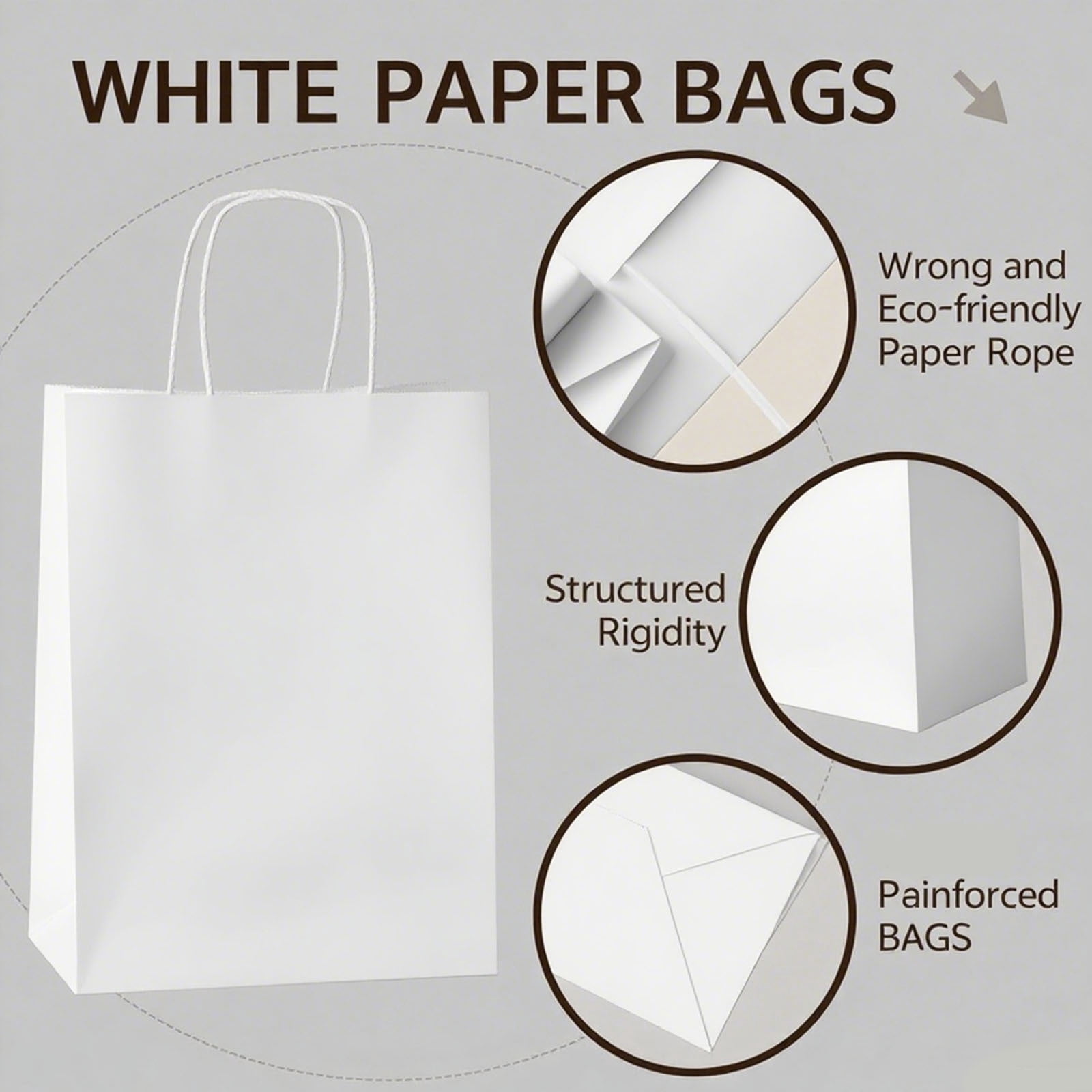 BagDream 100Pcs Paper Gift Bags 8x4.25x10.5 White Kraft Paper Bags with Handles Shopping Bags Bulk Medium Size for Wedding, Mother's Day, Baby Show and Birthday