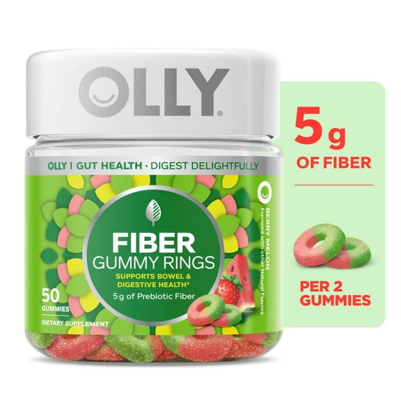 OLLY Fiber Gummy Rings, 5g Prebiotic Fiber, Digestive Support, FOS, Strawberry Watermelon, 50 Ct