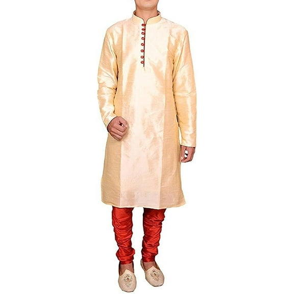 Royal Kurta Silk Blend Loop Button Kurta Pyjama Set For Men (44, Golden-Maroon)