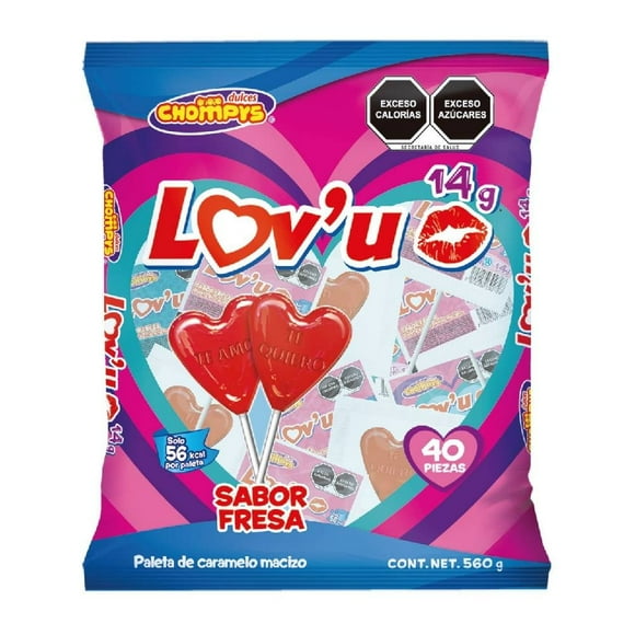 Paleta de caramelo Dulces Chompys lov'u sabor fresa 40 pzas