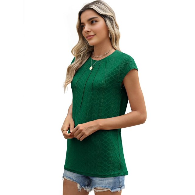 T-Shirts d'Été Plissés Décontractés pour Femmes Manches Courtes Vert TTG