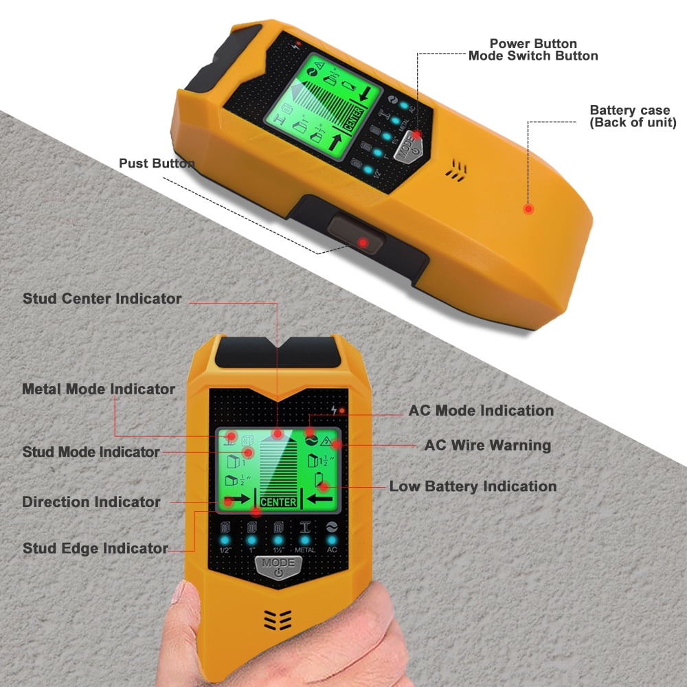 Stud Finder Wall Scanner, 5 in 1 Stud Detector with HD LCD Display for Center and Edge of Wood Metal AC Wire Detection - Yellow