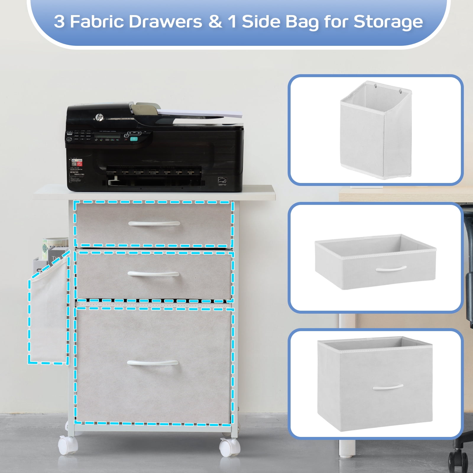 KATHY&BOB Printer Stand with 3 Fabric Drawers, Mobile File Cabinet, Desk Table Cabinet Fits A4 Letter Size, Home Office Furniture, White