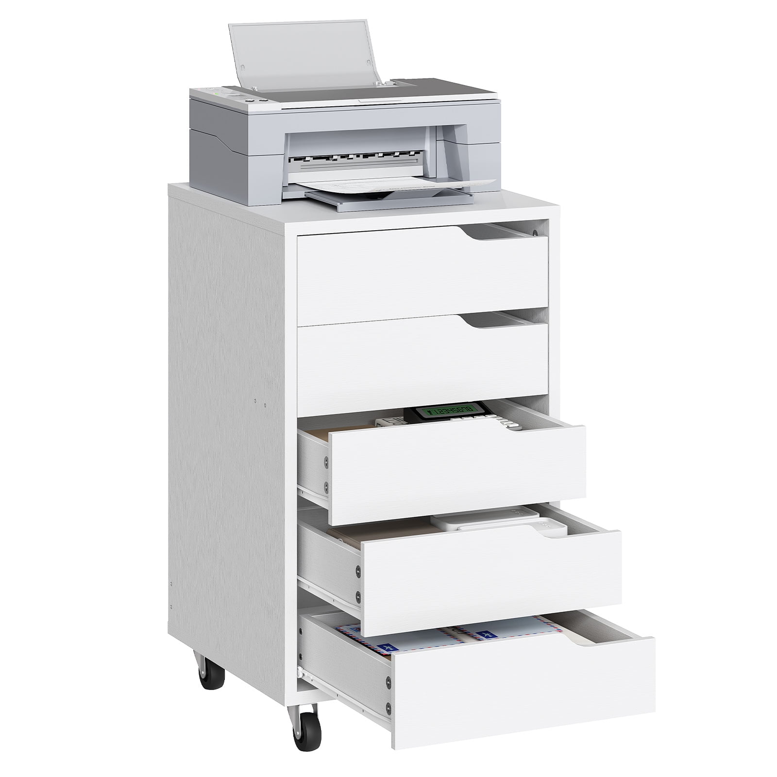 5-Drawer Mobile File Cabinet with 4 Casters (2 Lockable), No-Handle Rolling Storage Cabinet, Compact Filing Organizer for Office, Living Room, Bedroom,White