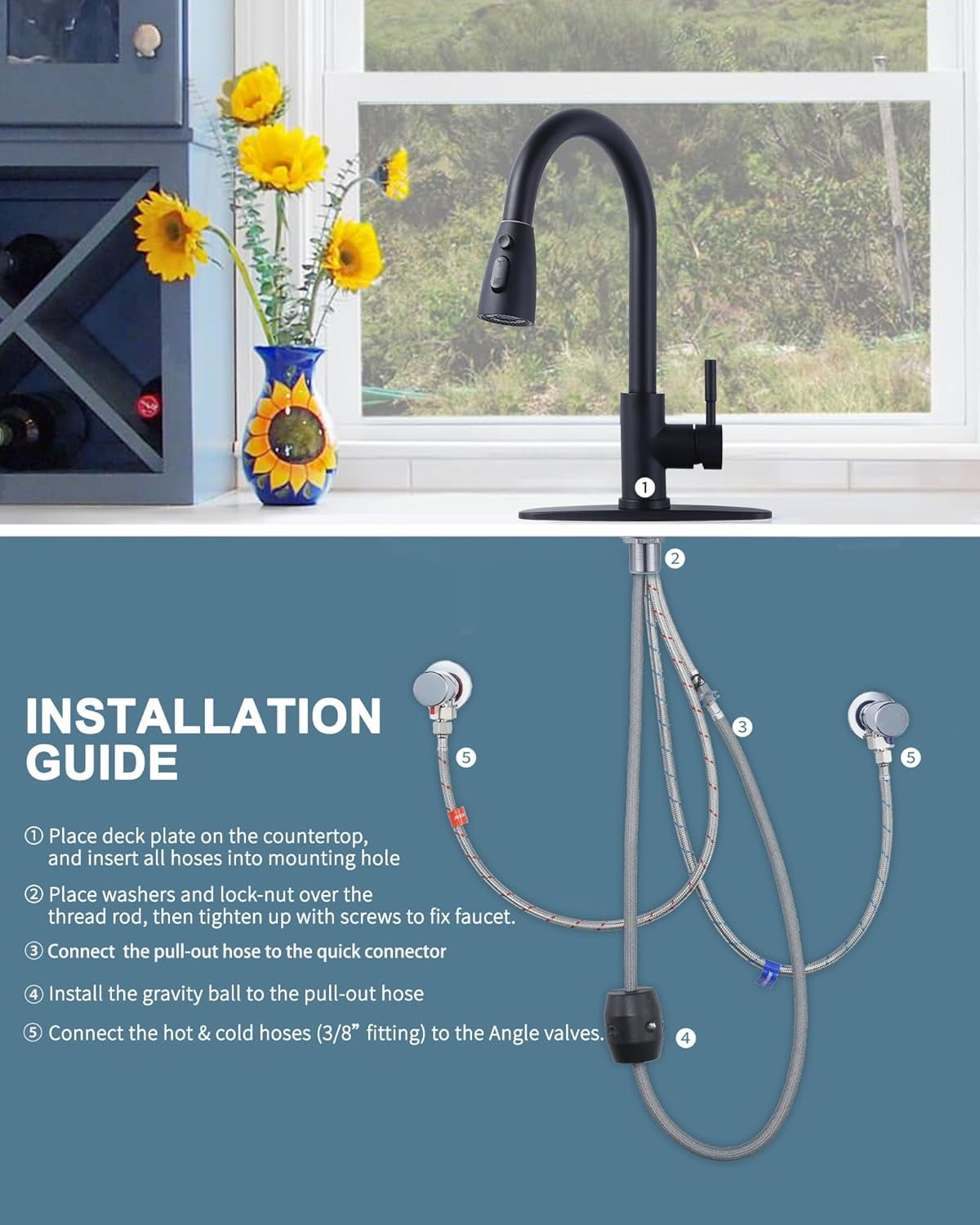 DukLik Kitchen Faucets with Pull Down Sprayer, Brushed Nickel Lead-Free Single Handle High Arc Stainless Steel Faucet for Sink RV Black