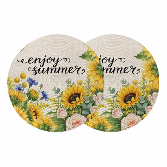 Summer Sunflowers Round 13 Inch Placemats Set of 2, Country Botanical Budding Flowers HeatResistant Non Slip Place Mats for Dining Table, Wipeable Braided Kitchen Table Mats for Housewarming