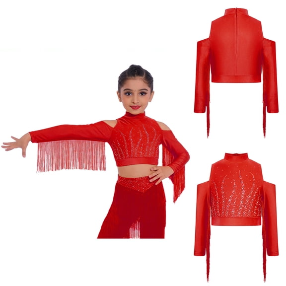 Aislor Girls Salsa Cha Cha Latin Dance Cold Shoulder Tassel Shiny Rhinestone Long Sleeve Crop Top Burgundy 6