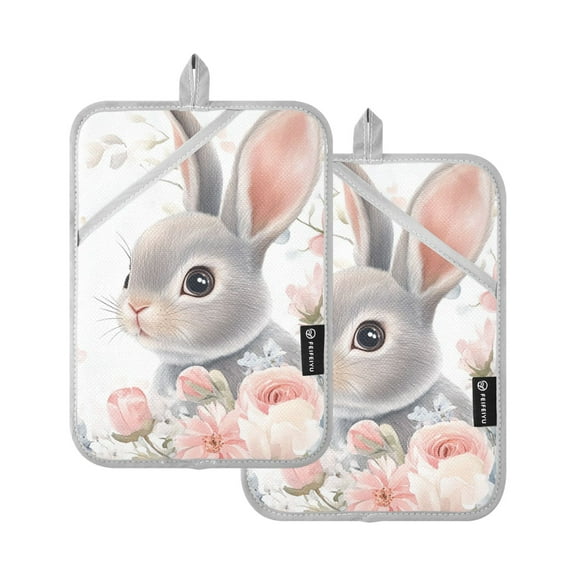 Rabbit in The Roses Easter Potholders Heat Resistant Pot Holder Set of 2 Oven Hot Pads with Pocket