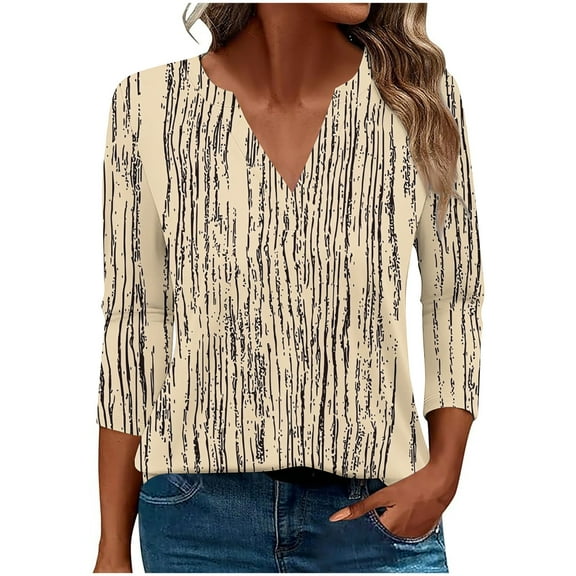 Ruimatai Women's V-Neck 3/4 Sleeve Blouse Casual Loose Fit Printed Tops Fashion Comfortable T-Shirt for Daily Wear Home Office