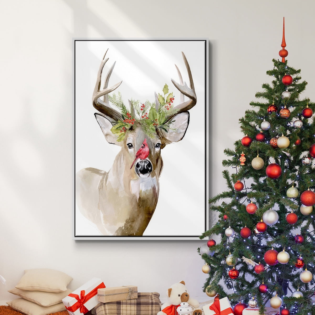 Holiday Deer II - Framed Gallery Wrapped Holiday Canvas - 27 x 41 - White Frame