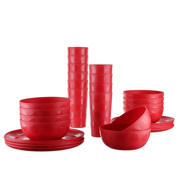 Mainstays 30-Piece Plastic Etched Strawberry Pattern Dinnerware Bundle Set, Red
