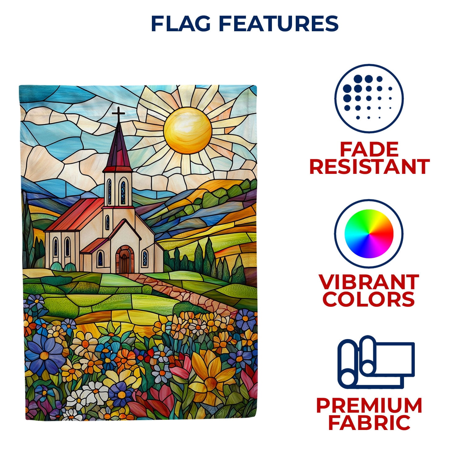 America Forever Stained Glass Church House Flag, 28 x 40 inch Double Sided, Church Stained Glass Window Art, Country Church Sun Wildflower, Sacred Art Flag
